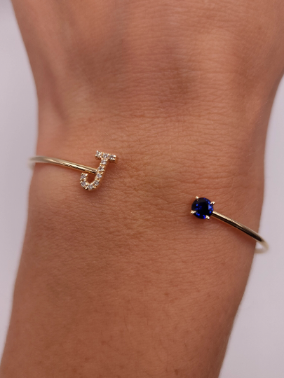 14Kt Gold Blue Sapphire & Diamond Initial Letter Bangle Bracelet