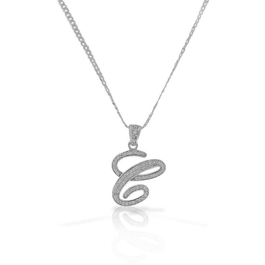 Letter C Cursive Initial CZ Pendant .925 Sterling Silver