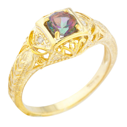 14Kt Gold Natural Mystic Topaz & Diamond Design Round Ring