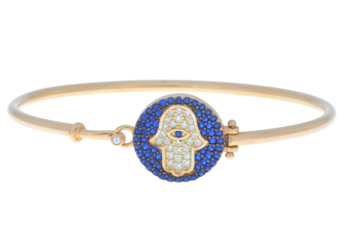 14Kt Yellow Gold Plated Hamsa Evil Eye Blue White CZ Bangle Bracelet