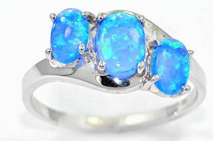 6mm Blue Opal Oval Ring .925 Sterling Silver Rhodium Finish