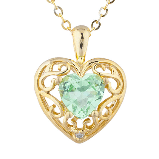 14Kt Gold Green Sapphire & Diamond Heart LOVE ENGRAVED Pendant Necklace