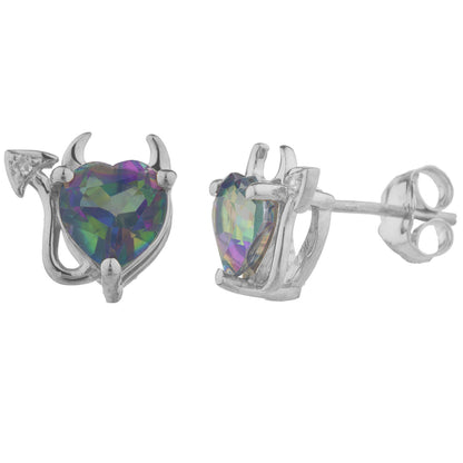 Natural Mystic Topaz & Diamond Devil Heart Stud Earrings 14Kt White Gold