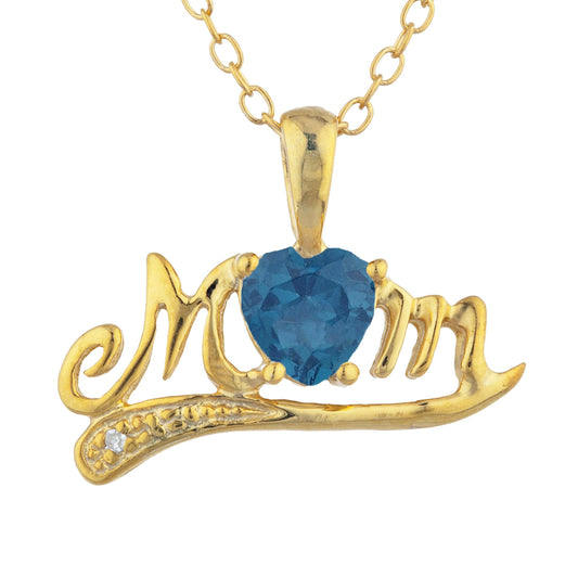 14Kt Yellow Gold Plated London Blue Topaz & Diamond Heart Mom Pendant