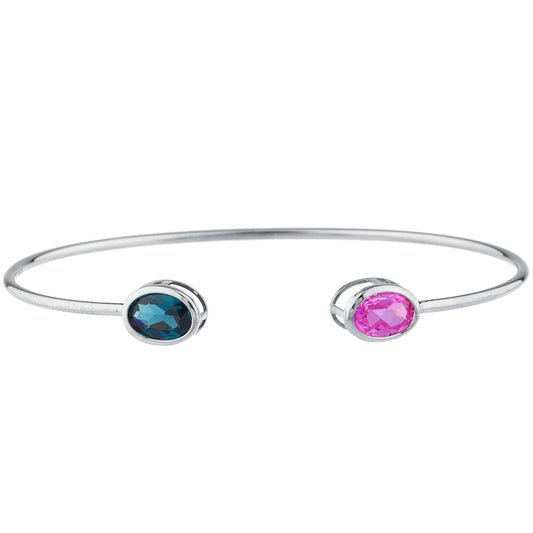 Pink Sapphire & London Blue Topaz Oval Bezel Bangle Bracelet .925 Sterling Silver