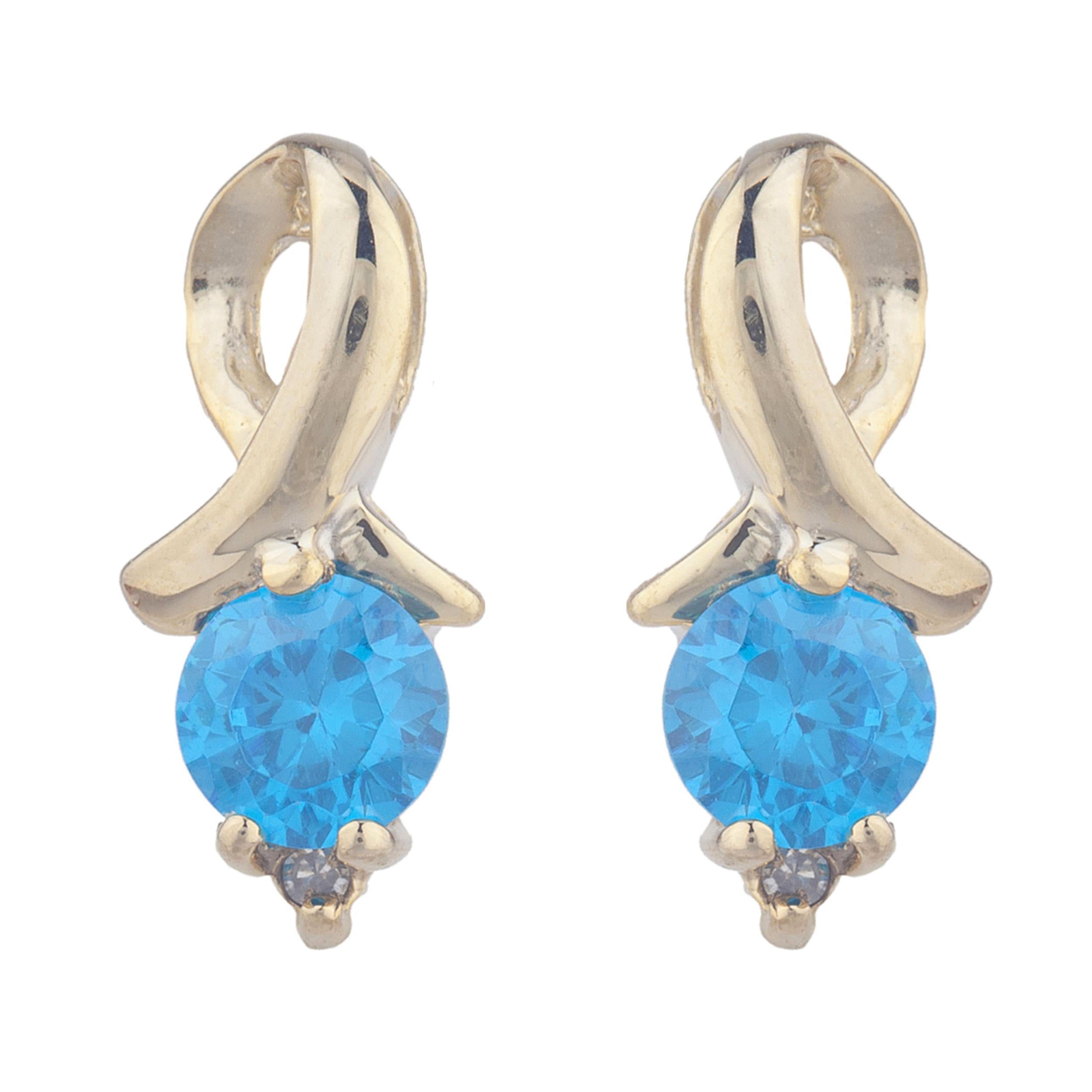 14Kt Gold Swiss Blue Topaz & Diamond Round Design Stud Earrings