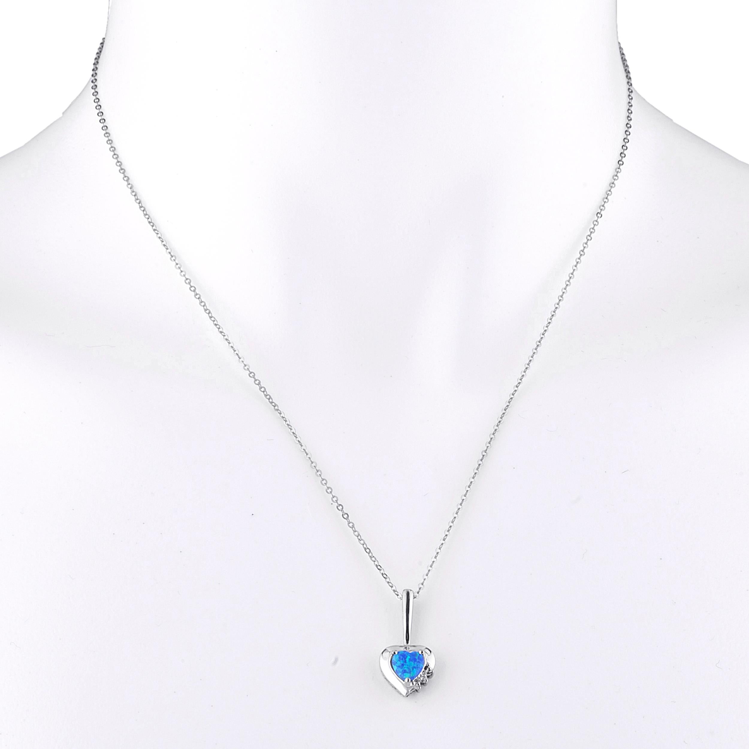 14Kt Gold Blue Opal & Diamond Heart Design Pendant Necklace