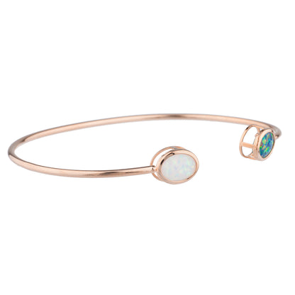 Black & White Opal Oval Bezel Bangle Bracelet 14Kt Rose Gold Plated Over .925 Sterling Silver