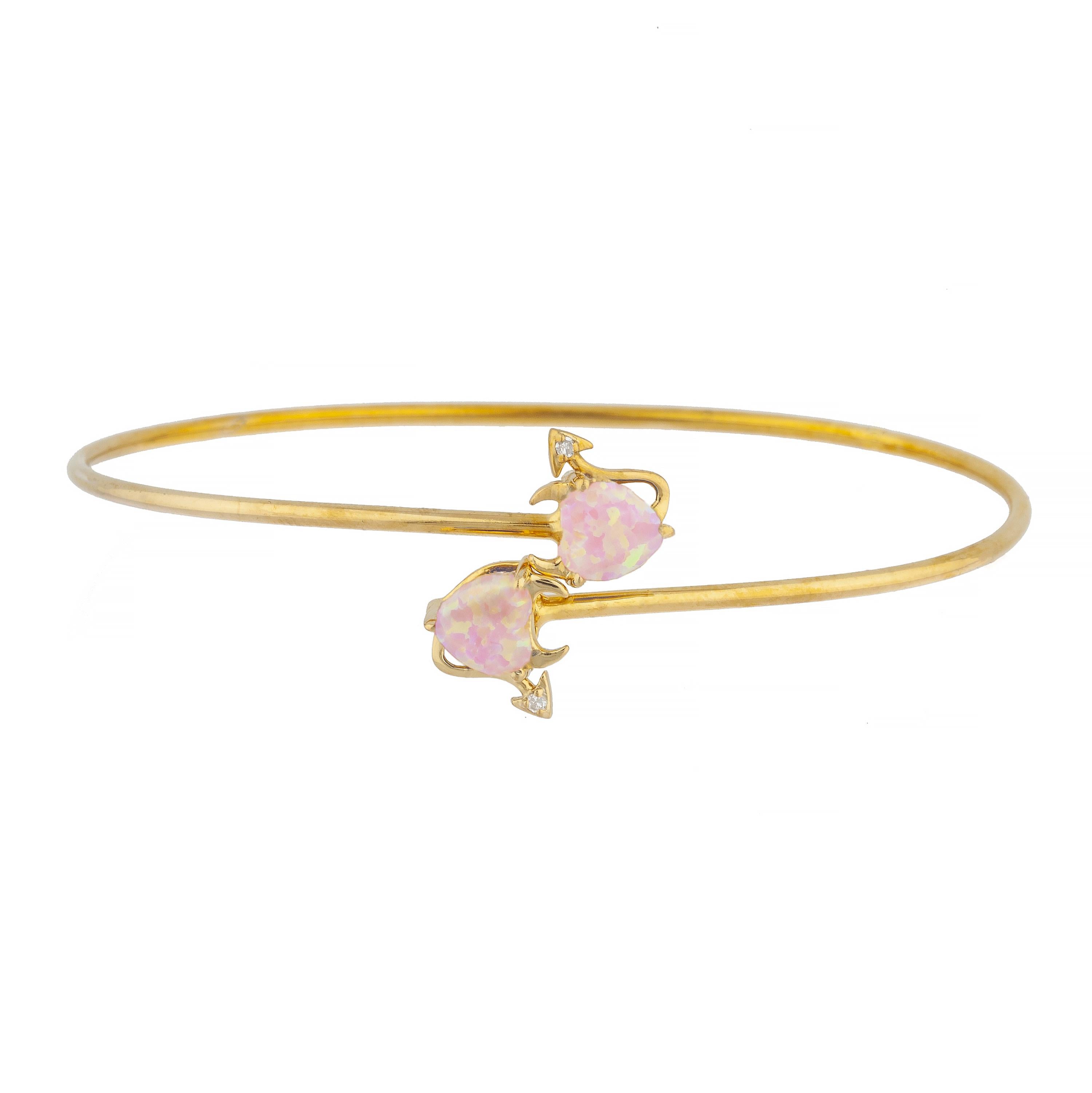 14Kt Gold Pink Opal & Diamond Devil Heart Bangle Bracelet