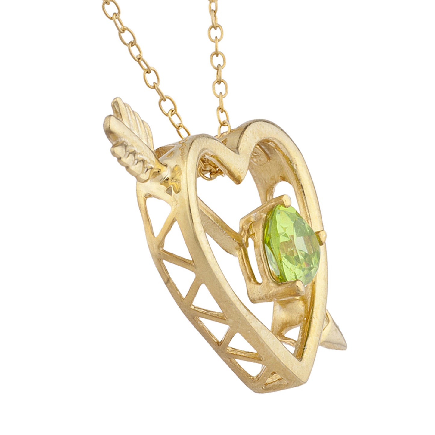 14Kt Yellow Gold Plated Peridot Heart Bow & Arrow Pendant