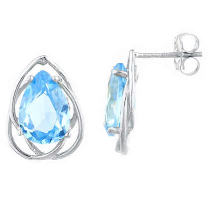 4 Ct Blue Topaz Pear Teardrop Design Stud Earrings .925 Sterling Silver