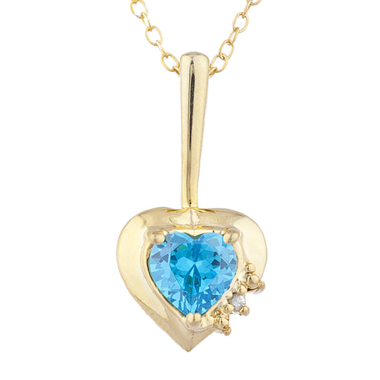 14Kt Gold Swiss Blue Topaz & Diamond Heart Design Pendant Necklace