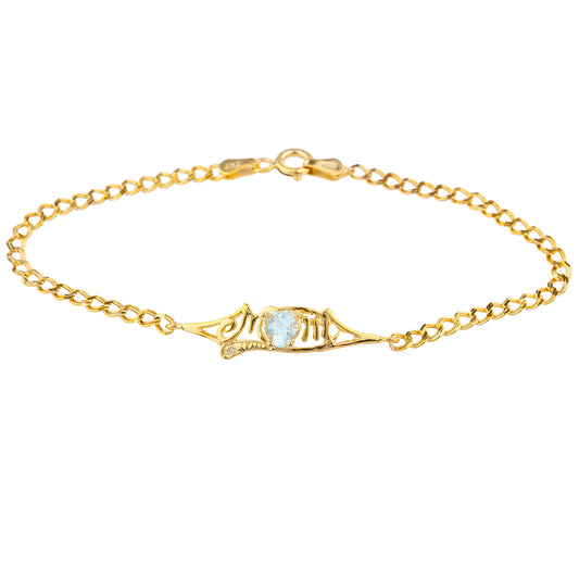 Genuine Aquamarine & Diamond Heart Mom Bracelet 14Kt Yellow Gold Plated Over .925 Sterling Silver