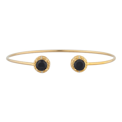 14Kt Yellow Gold Plated Genuine Black Onyx & Diamond Round Bangle Bracelet