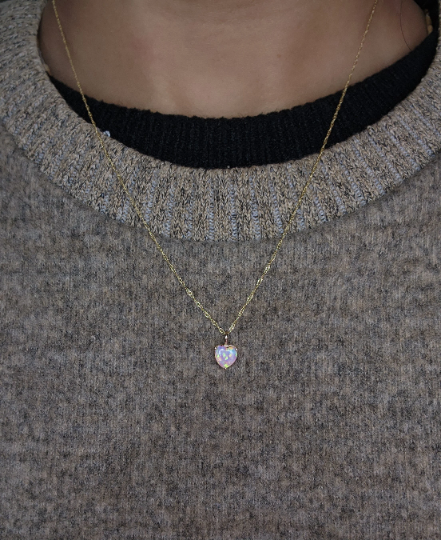 14Kt Gold Pink Opal Heart Pendant Necklace