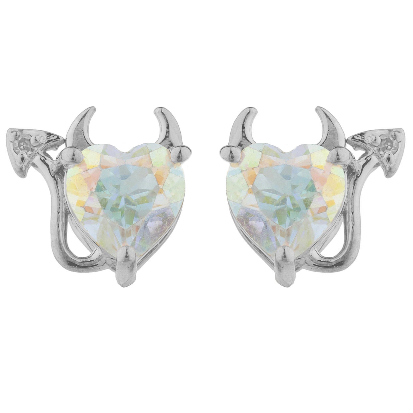 Natural Mercury Mist Mystic Topaz & Diamond Devil Heart Stud Earrings 14Kt White Gold