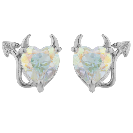 Natural Mercury Mist Mystic Topaz & Diamond Devil Heart Stud Earrings 14Kt White Gold