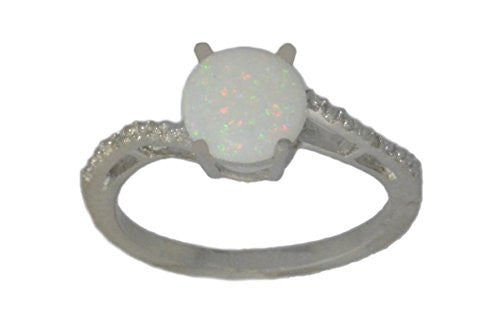 14Kt White Gold Genuine Opal & Diamond Round Ring