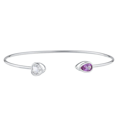 Aquamarine Heart & Amethyst Pear Bezel Bangle Bracelet .925 Sterling Silver Rhodium Finish