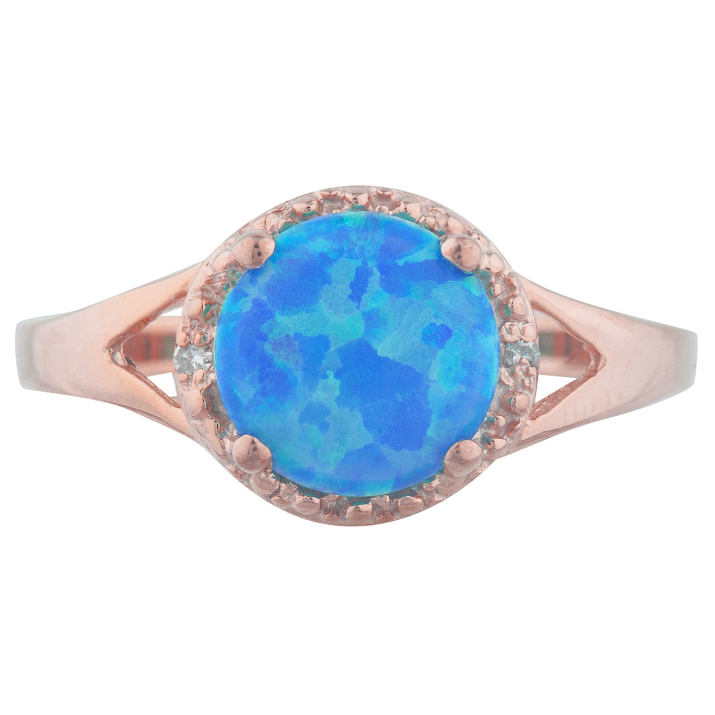 14Kt Gold Blue Opal & Diamond Halo Design Round Ring
