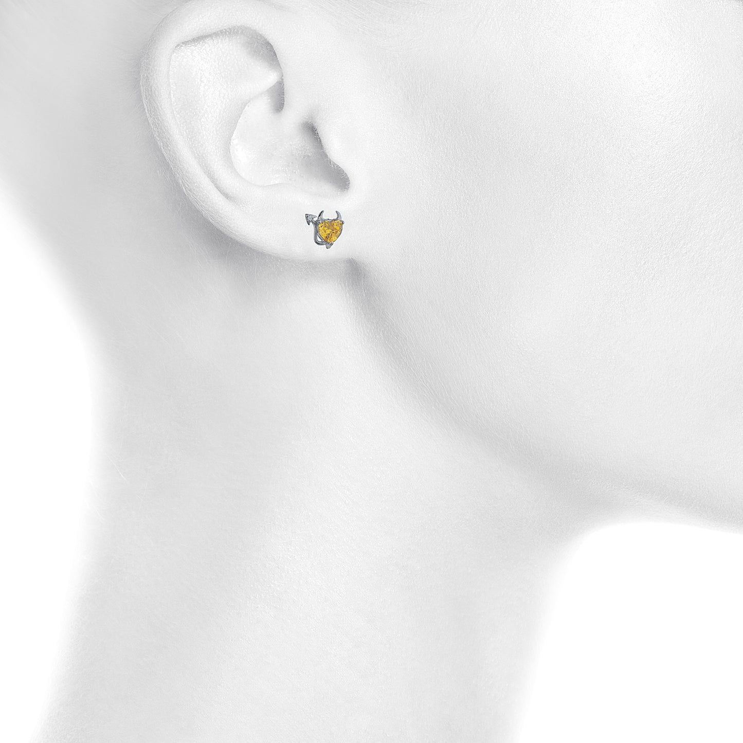 Yellow Citrine & Diamond Devil Heart Stud Earrings 14Kt White Gold