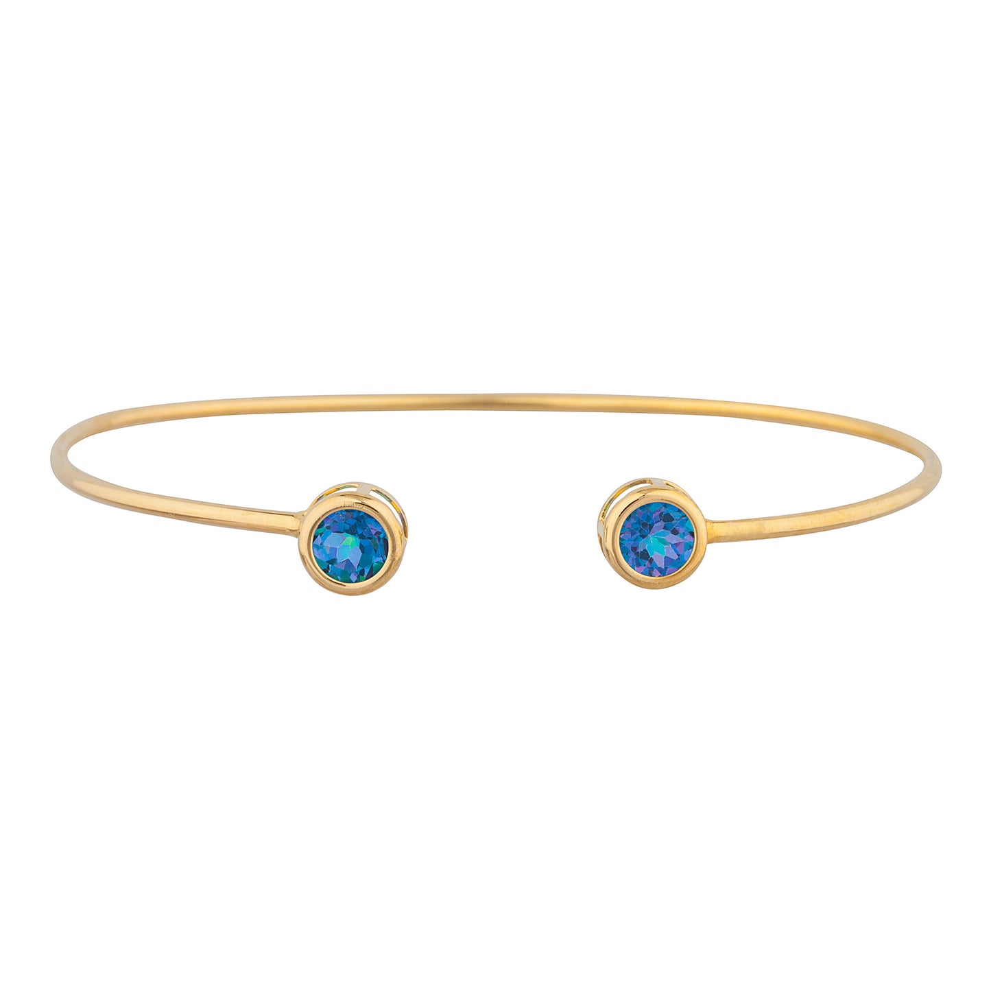 14Kt Yellow Gold Plated Natural Blue Mystic Topaz Round Bezel Bangle Bracelet