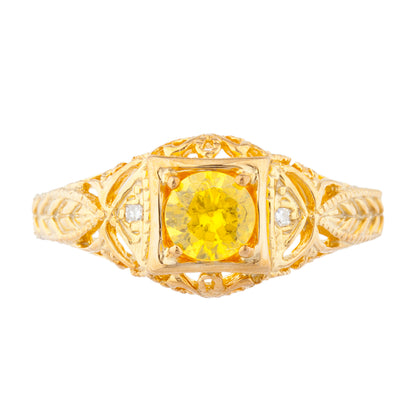 14Kt Gold Yellow Citrine & Diamond Design Round Ring