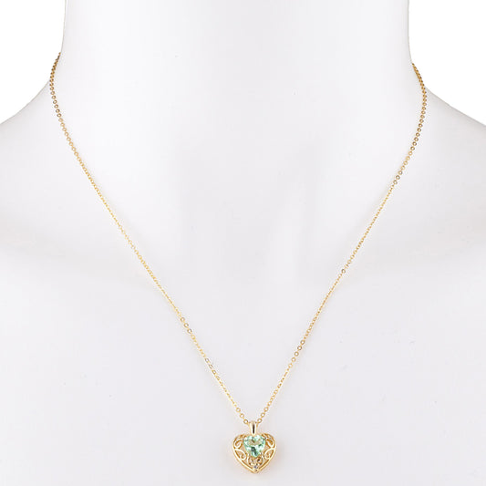 14Kt Gold Green Sapphire & Diamond Heart LOVE ENGRAVED Pendant Necklace