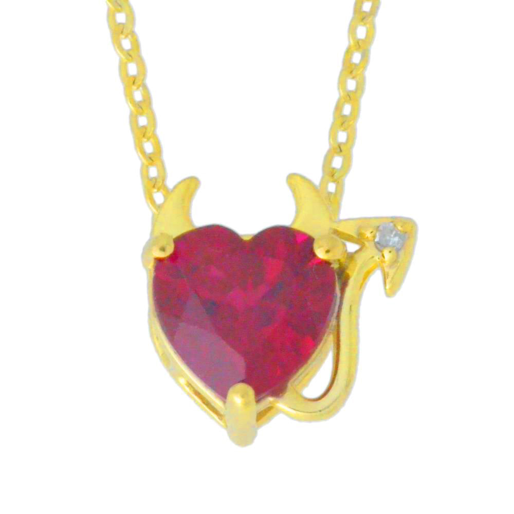 14Kt Yellow Gold Plated Created Ruby & Diamond Devil Heart Pendant