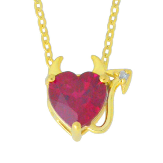 14Kt Yellow Gold Plated Created Ruby & Diamond Devil Heart Pendant