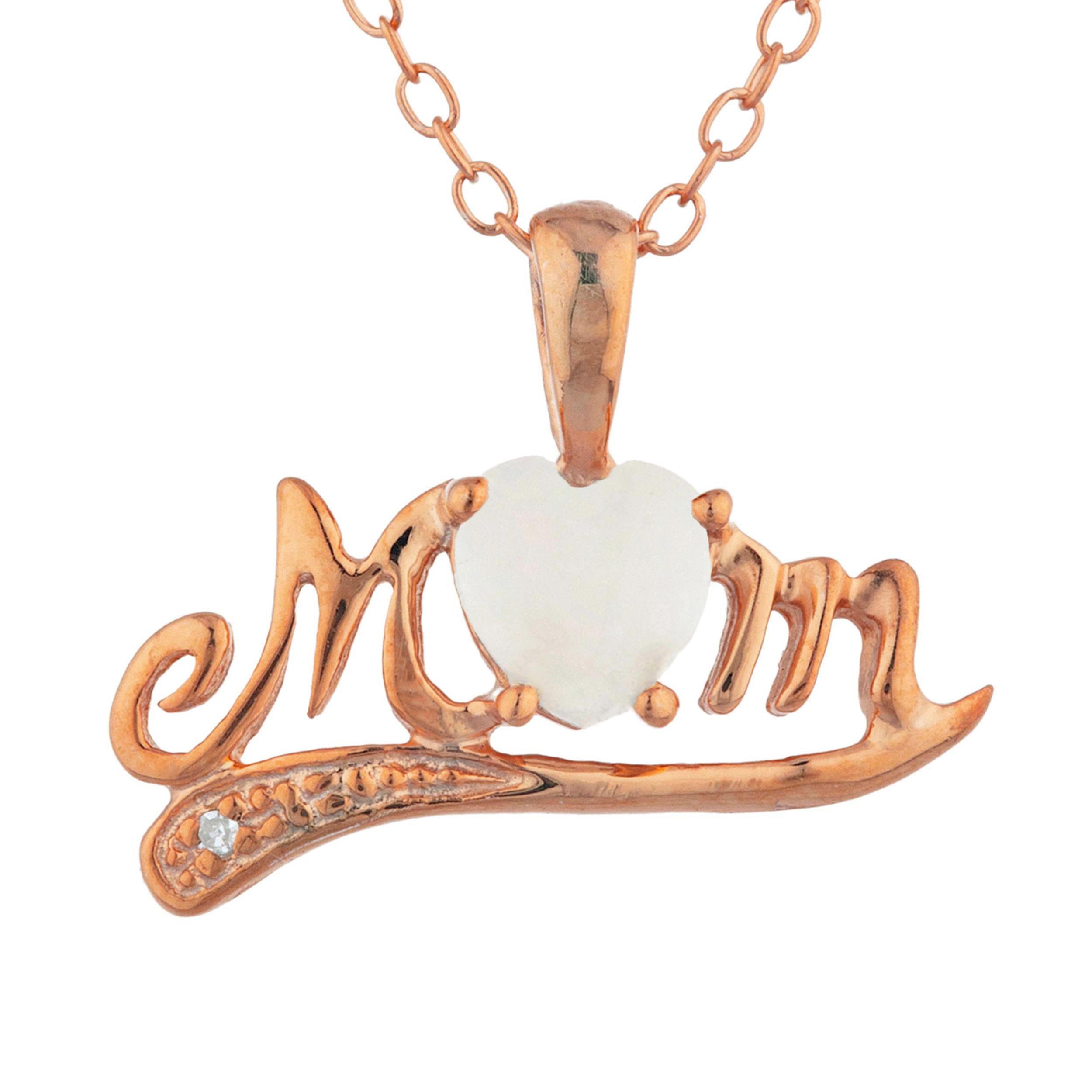 14Kt Gold Genuine Opal & Diamond Heart Mom Pendant Necklace