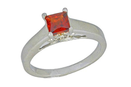 0.50 Ct Garnet & Diamond Princess Cut Ring .925 Sterling Silver Rhodium Finish