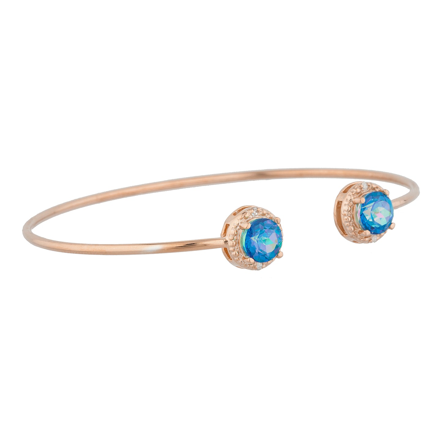 14Kt Rose Gold Plated Natural Blue Mystic Topaz & Diamond Round Bangle Bracelet