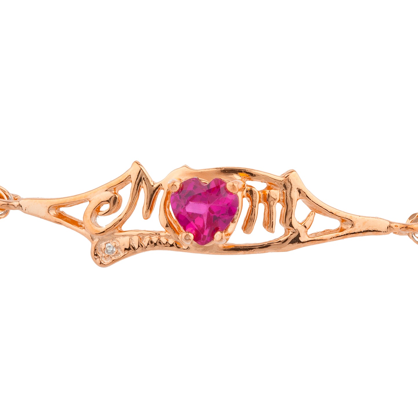 Created Ruby & Diamond Heart Mom Bracelet 14Kt Rose Gold Plated Over .925 Sterling Silver