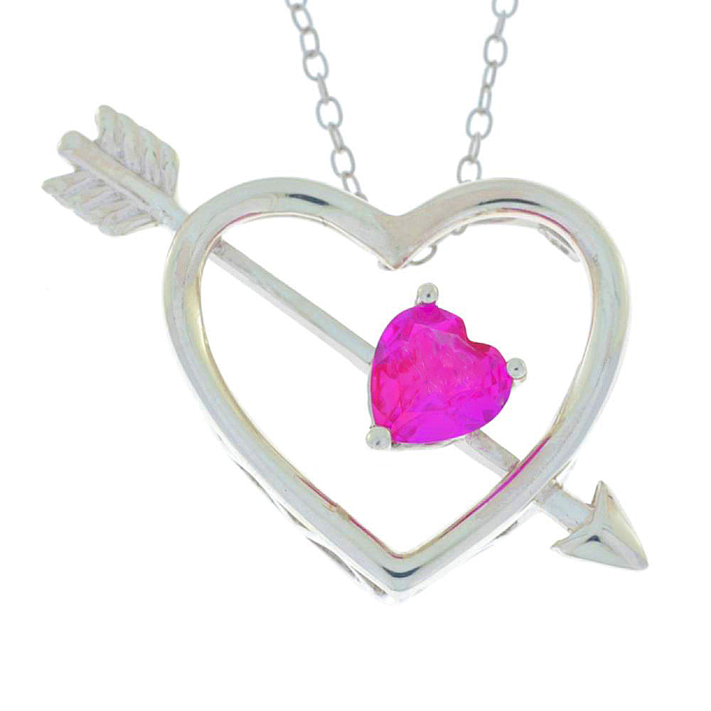 Pink Sapphire Heart Bow & Arrow Pendant .925 Sterling Silver Rhodium Finish