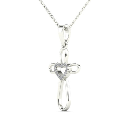 14Kt White Gold Genuine Natural Diamond Cross Heart Pendant Necklace