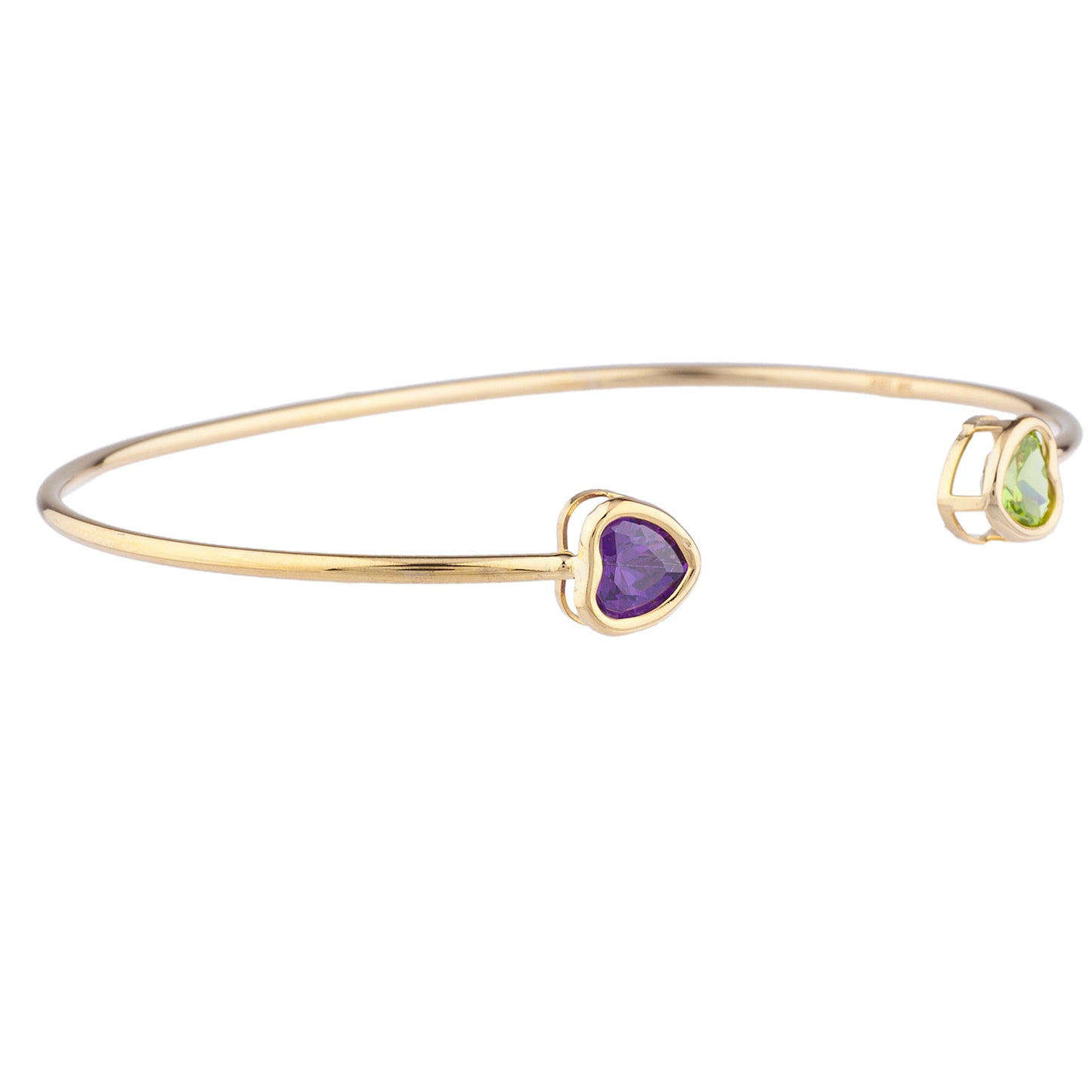 14Kt Gold Alexandrite & Peridot Heart Bezel Bangle Bracelet