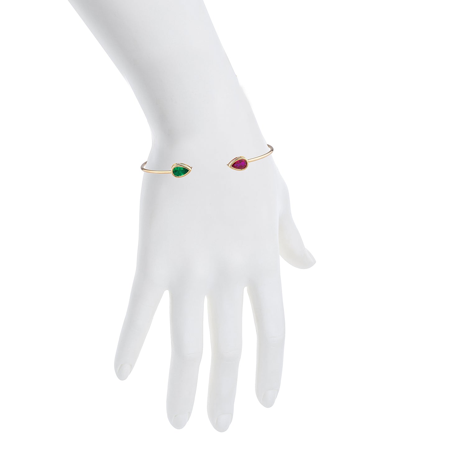 14Kt Gold Created Ruby & Emerald Pear Bezel Bangle Bracelet