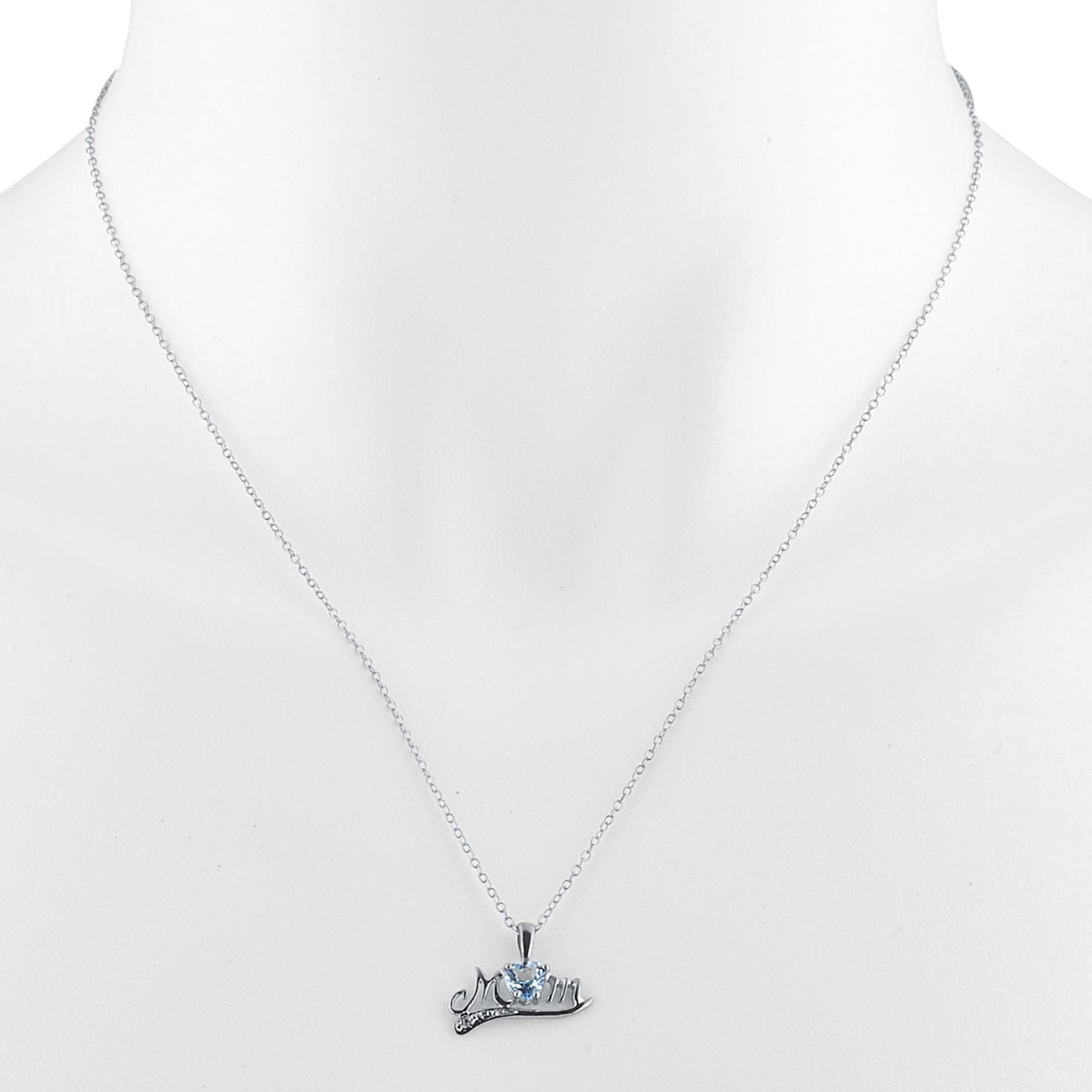 14Kt Gold Blue Topaz & Diamond Heart Mom Pendant Necklace