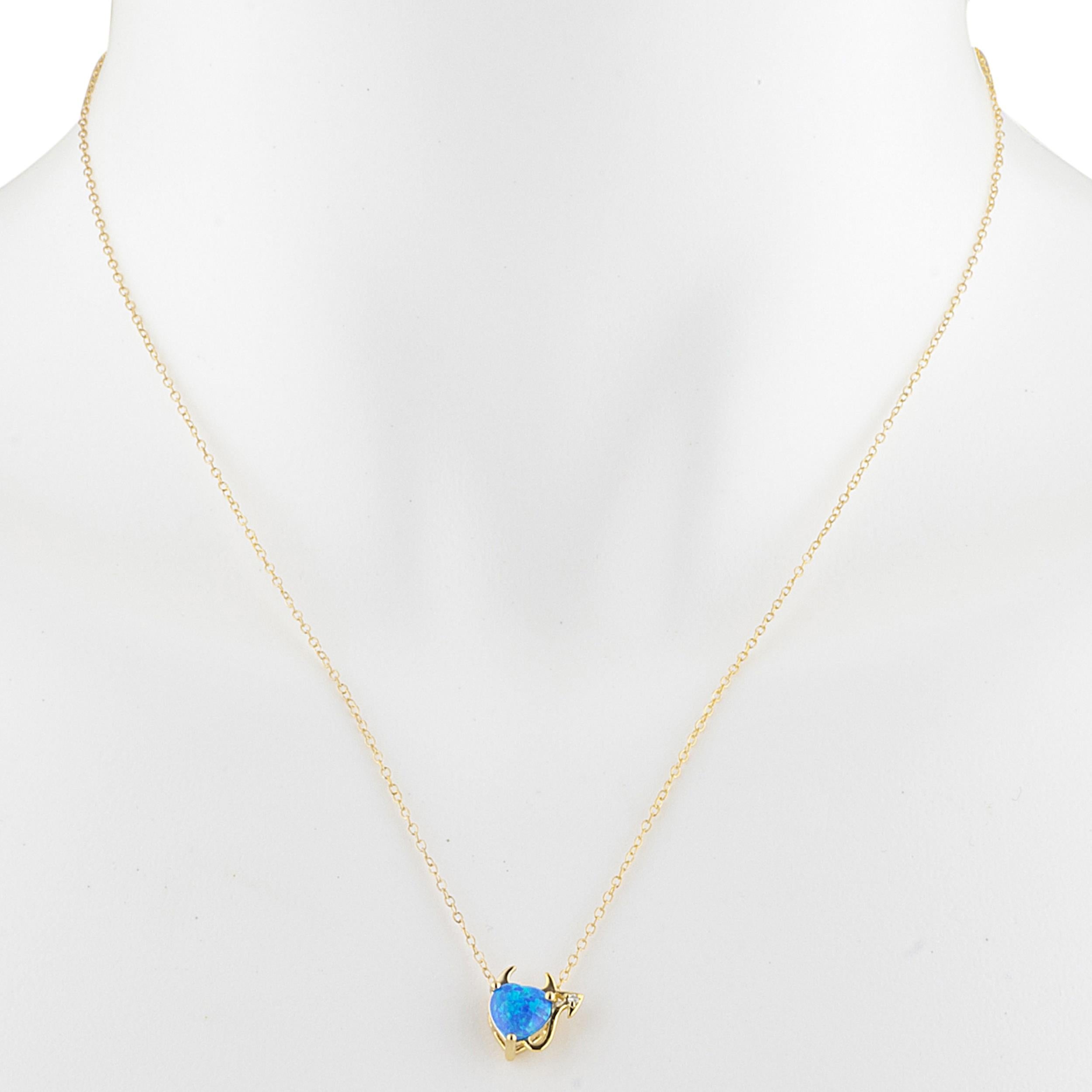 14Kt Gold Blue Opal & Diamond Devil Heart Pendant Necklace