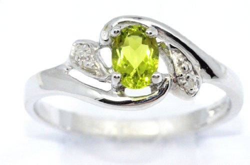 0.50 Ct Peridot & Diamond Oval Ring .925 Sterling Silver Rhodium Finish