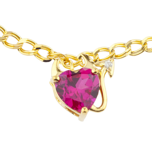 14Kt Yellow Gold Plated Created Ruby & Diamond Devil Heart Bracelet