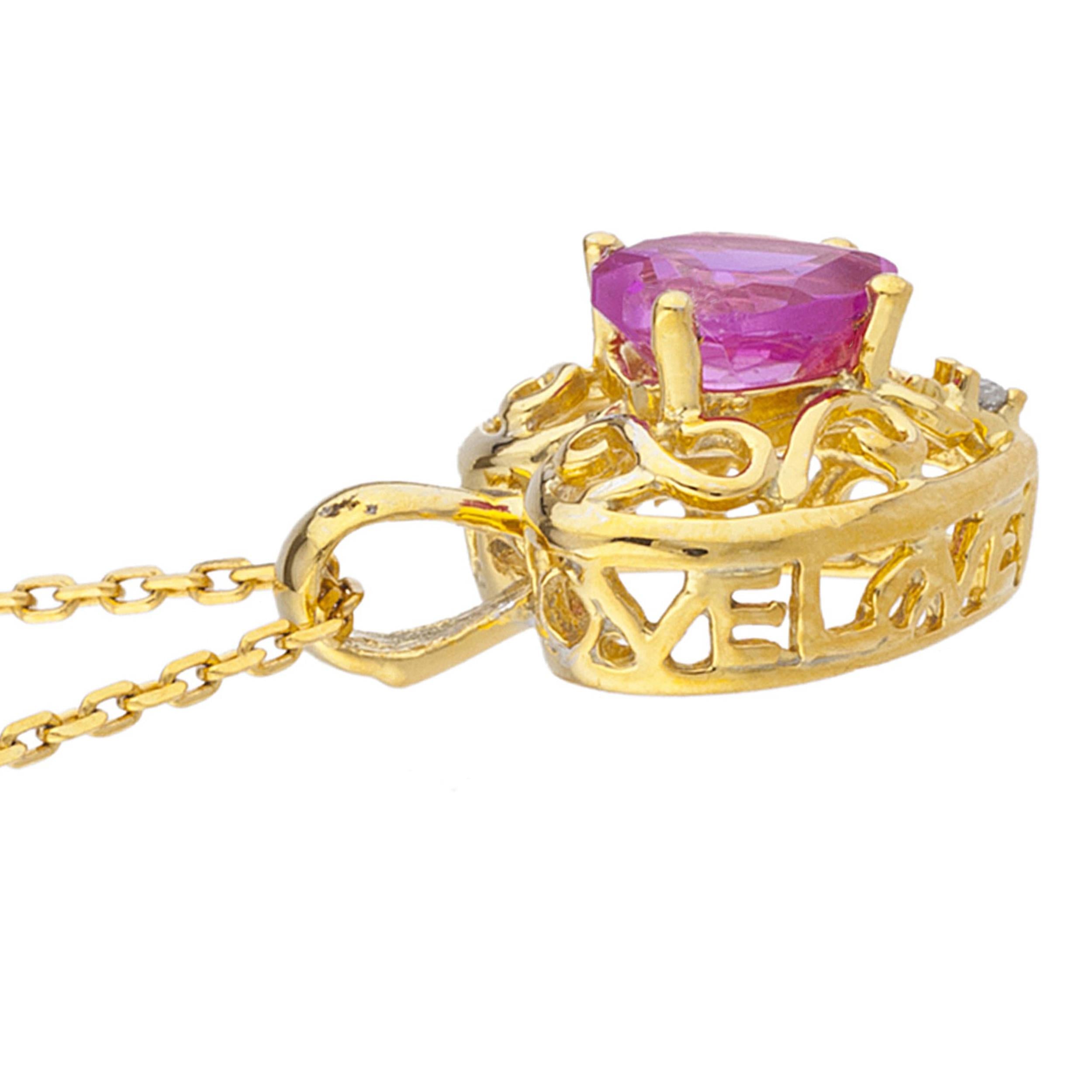 14Kt Gold Pink Sapphire & Diamond Heart LOVE ENGRAVED Pendant Necklace