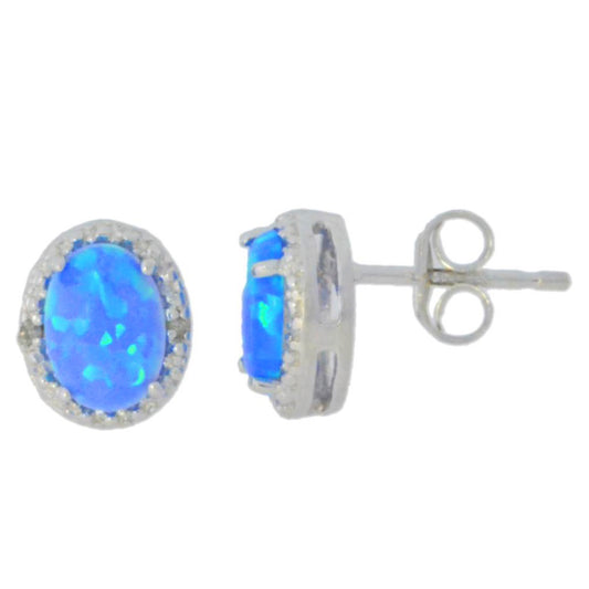 14Kt White Gold Blue Opal & Diamond Oval Stud Earrings