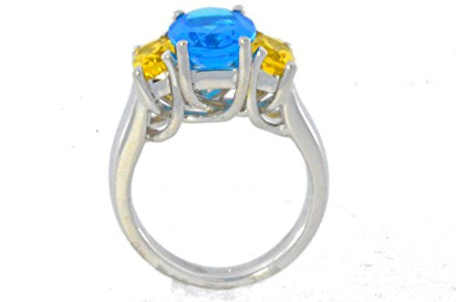 4 Ct Swiss Blue Topaz & Citrine Oval Ring .925 Sterling Silver Rhodium Finish