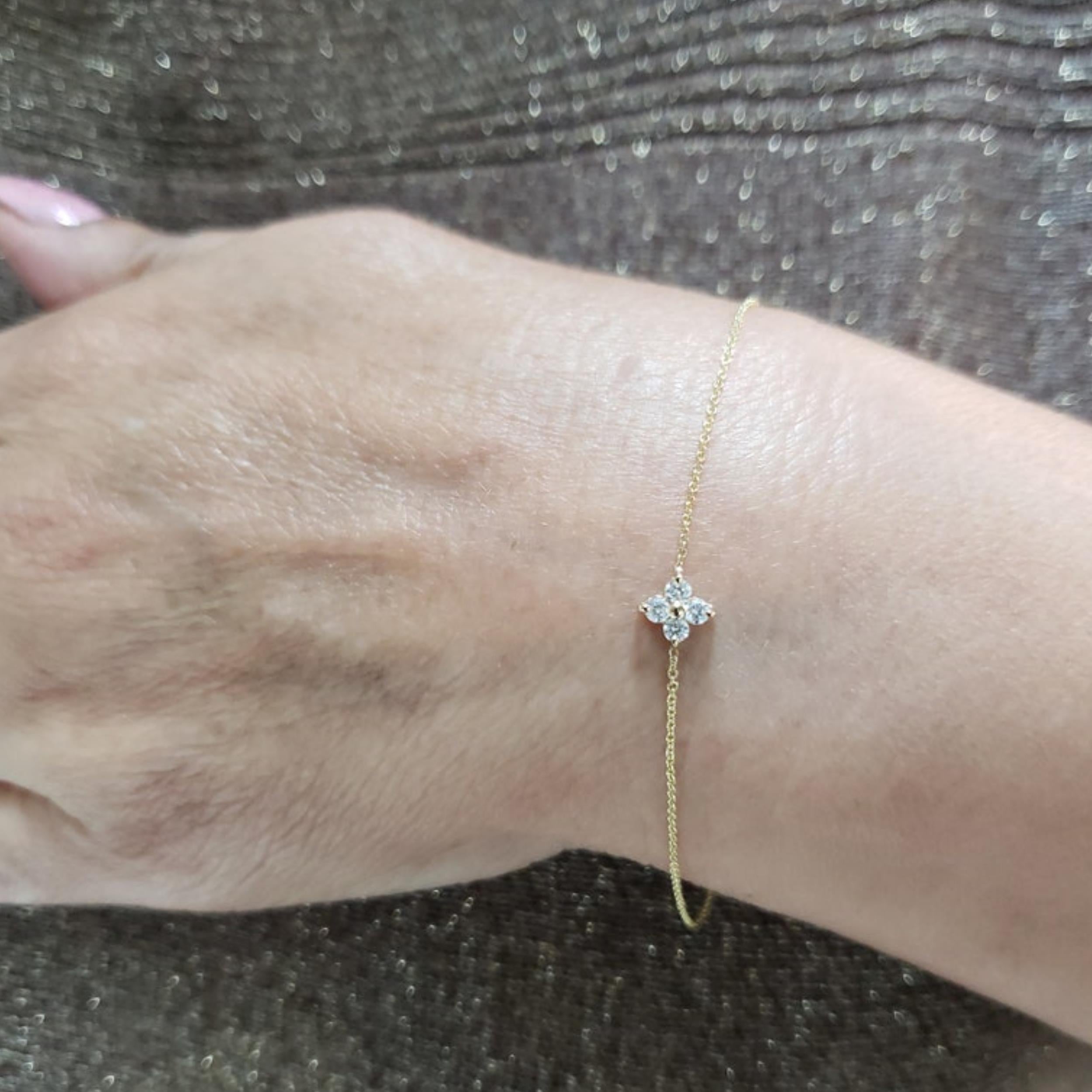 14Kt Gold 4 Stone Genuine Natural Diamond Clover Bracelet