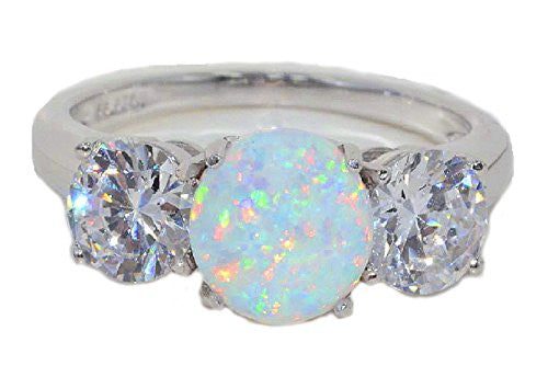 8mm Opal & Zirconia Round Ring .925 Sterling Silver Rhodium Finish