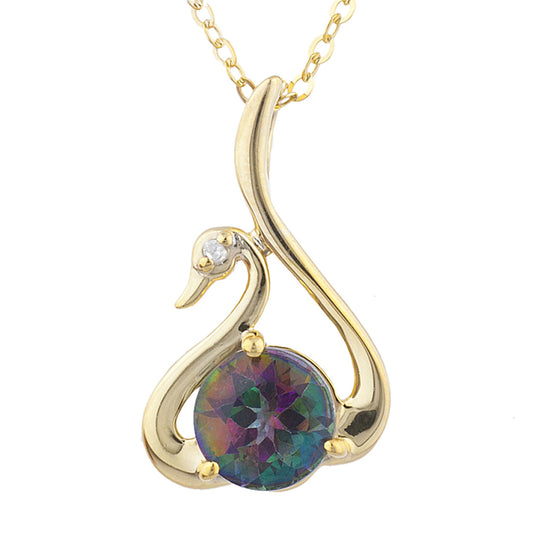 14Kt Yellow Gold Plated Natural Mystic Topaz & Diamond Swan Pendant