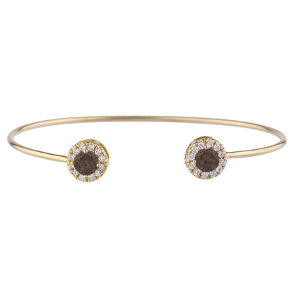 14Kt Gold Genuine Smoky Topaz Halo Design Bangle Bracelet