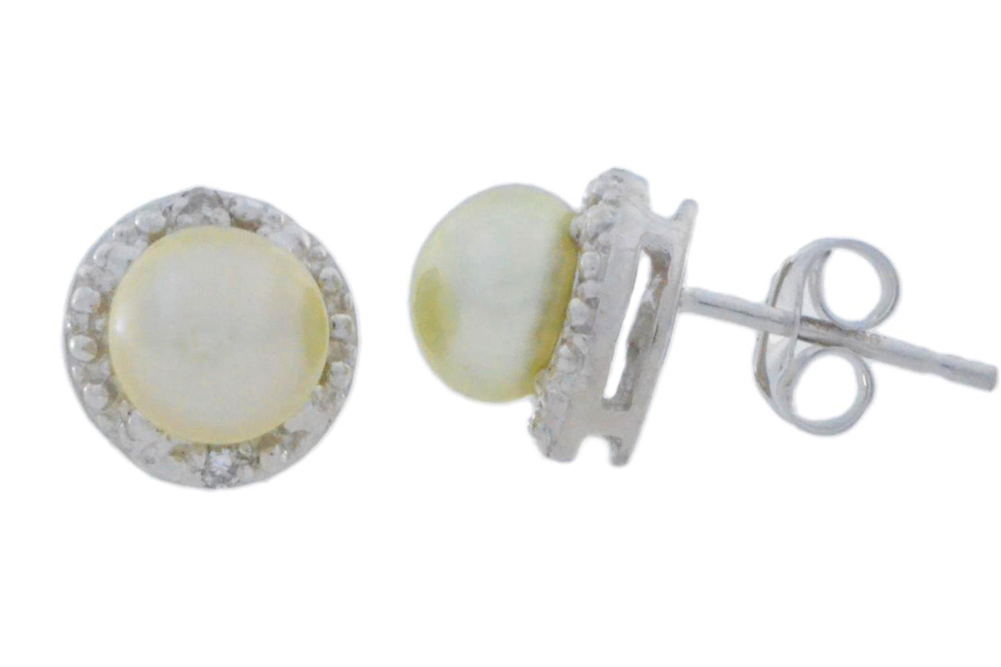 Green Freshwater Pearl Diamond Stud Earrings .925 Sterling Silver